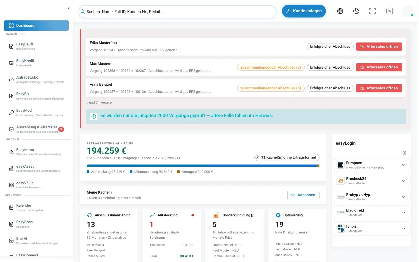 EasyFin-Dashboard mit Kachelbrett, Ertragspotenzial und Marktplatz-Absprüngen