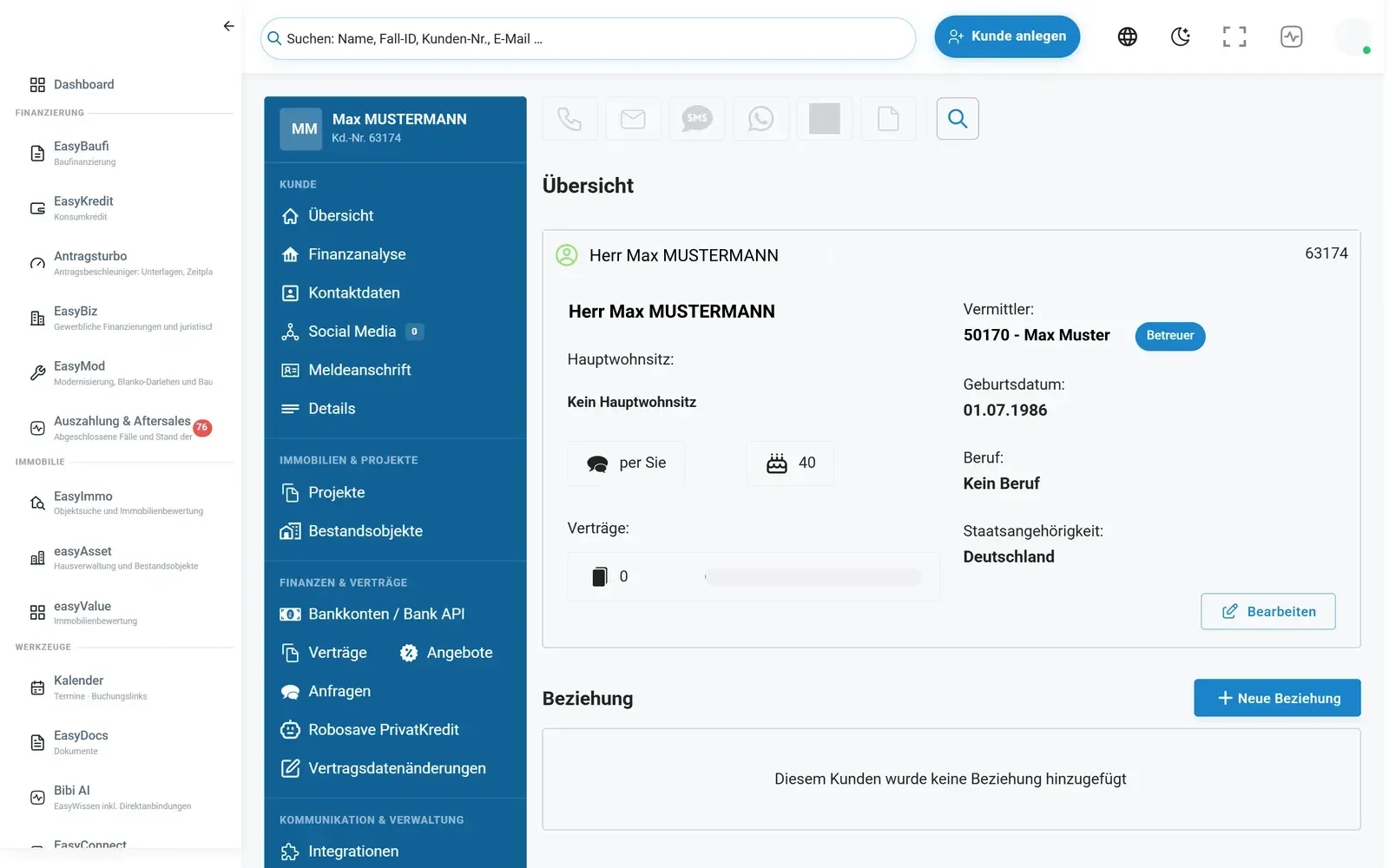Kundenakte (EasyVers) in der EasyFin-Suite